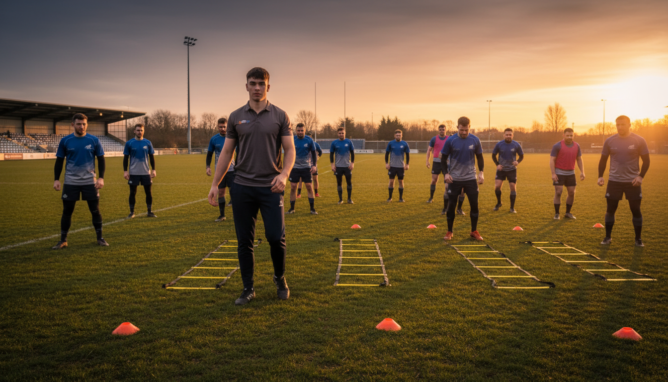 Coach training amateur sports club on outdoor field