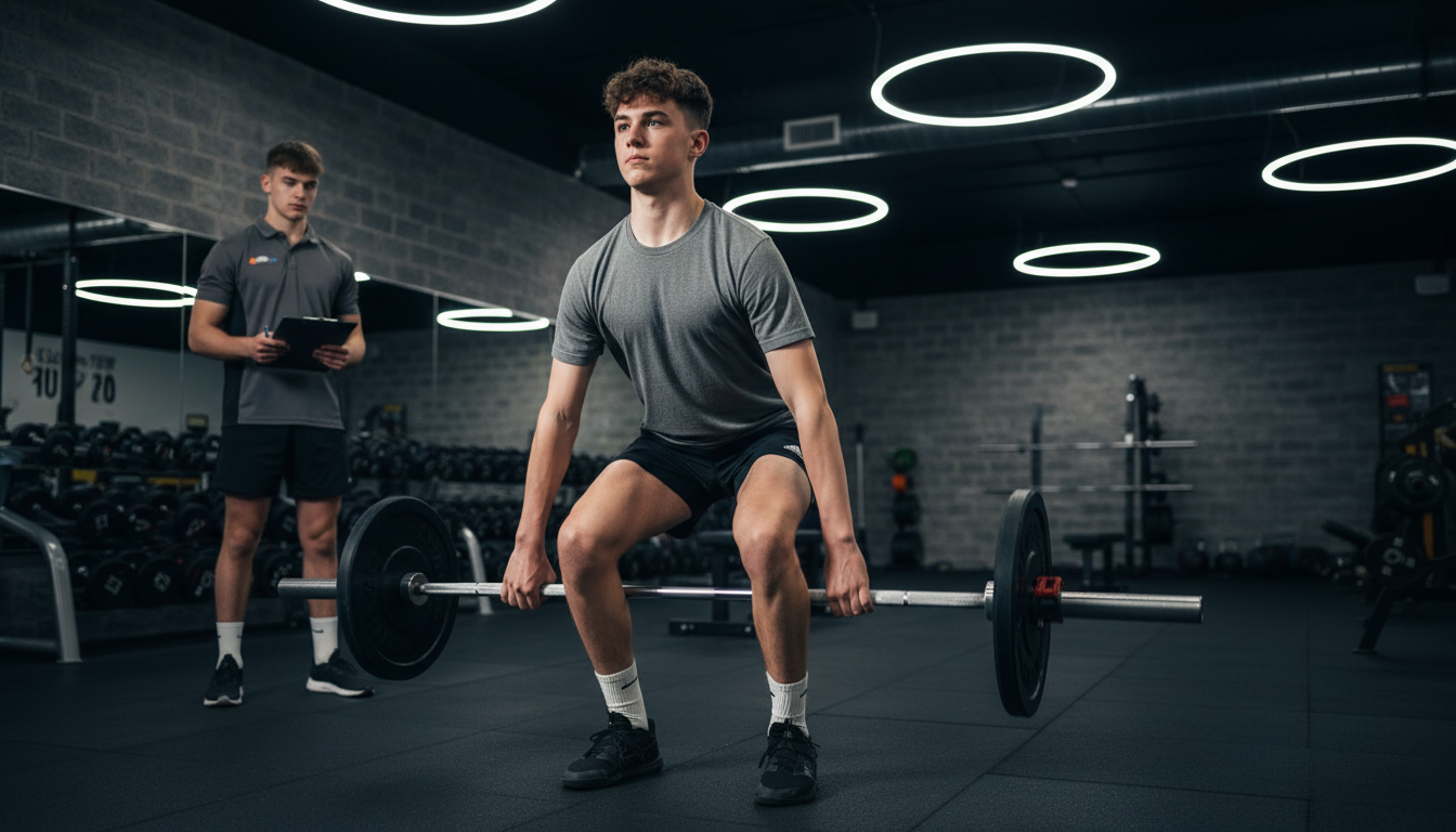 Athlete performing power clean under coach supervision