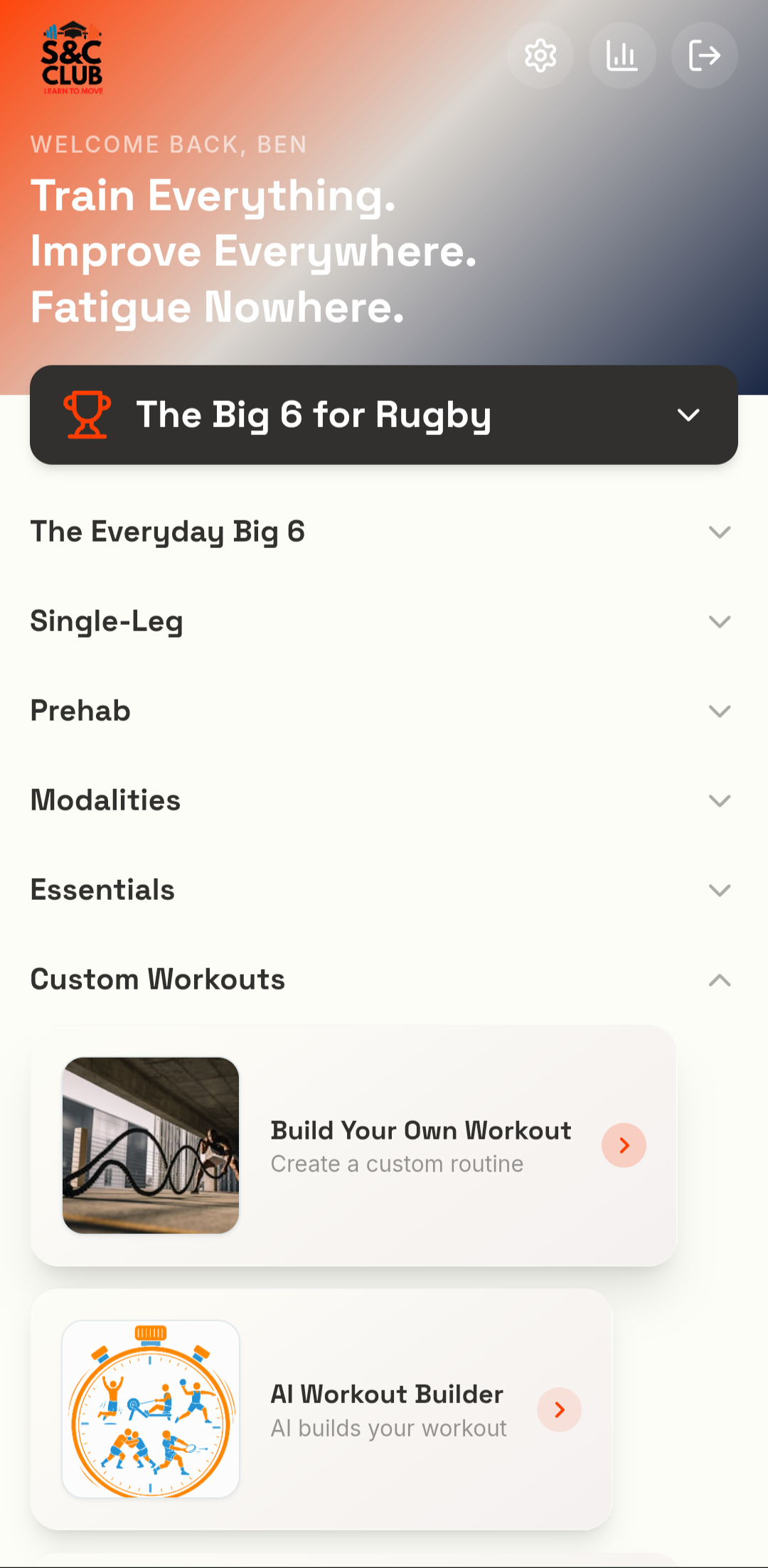 Train Everything app home dashboard