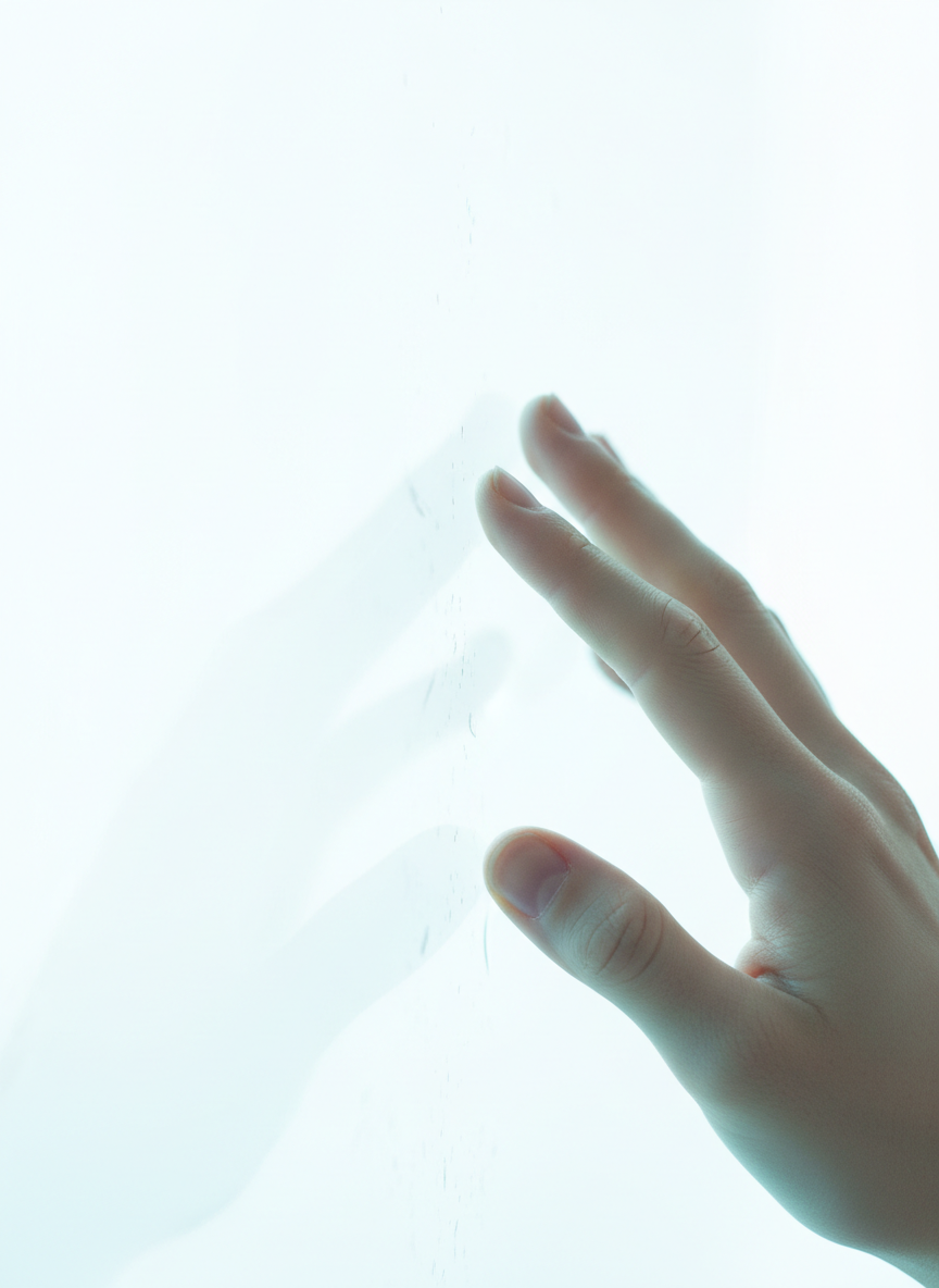 Human hand touching polished glass surface - representing human connection
