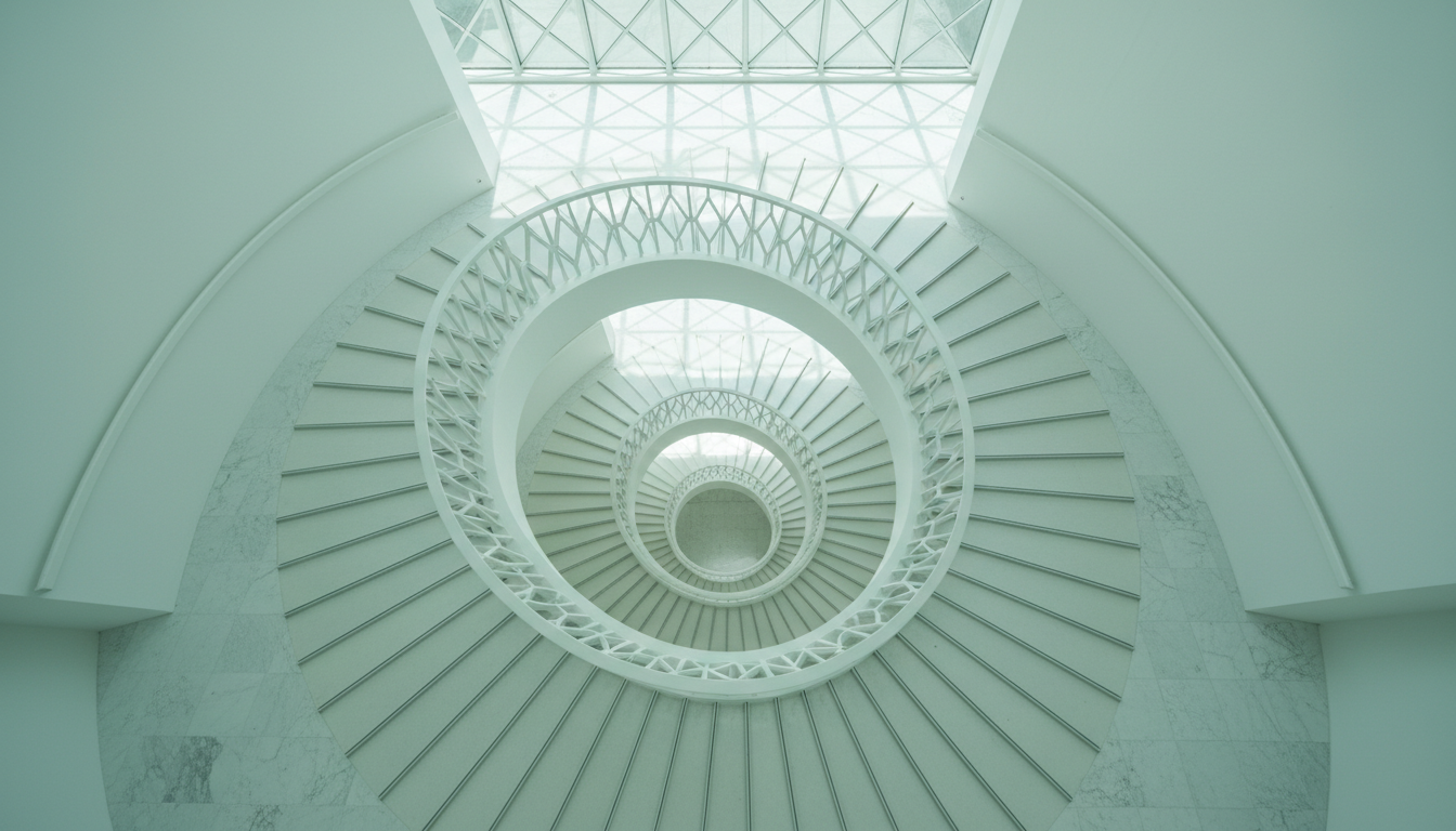 Modern white spiral staircase representing network architecture