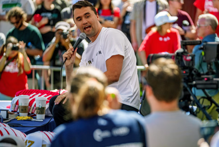 Charlie Kirk at the microphone — moments before he was killed