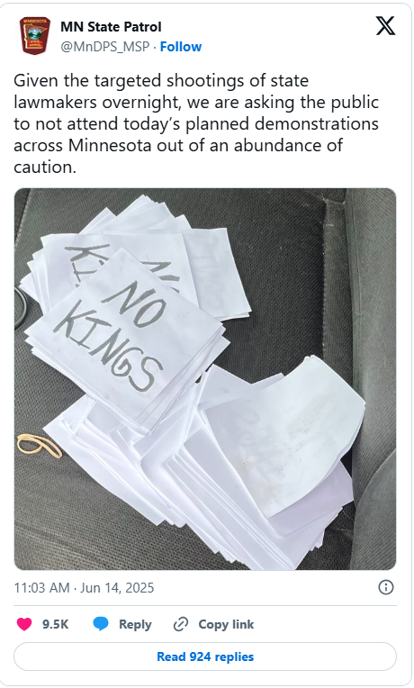 No Kings protest posters found in Boelter's vehicle