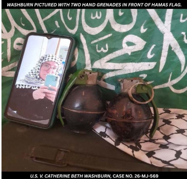 Washburn pictured with two hand grenades in front of a Hamas flag — official DOJ evidence photo