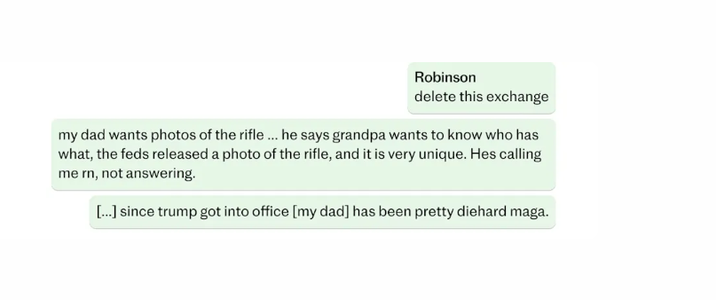 Text exchange — Robinson instructs Twiggs to delete exchange