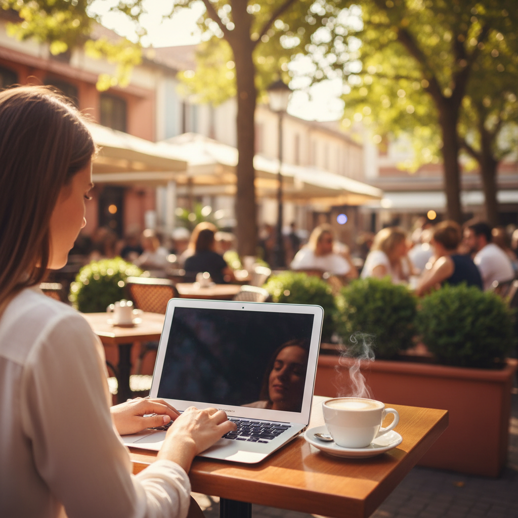 Working productively at an outdoor café - grounded, balanced, living well