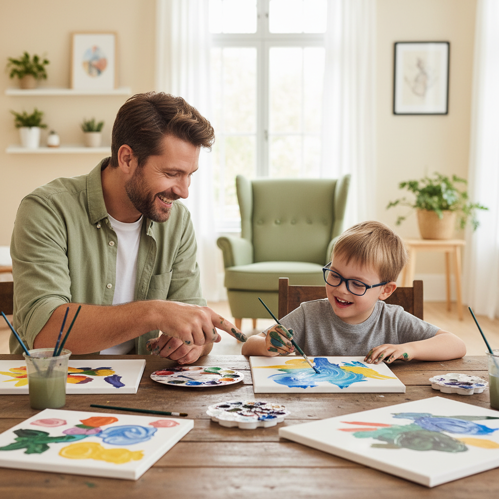 A male caregiver and a young boy doing a creative painting activity together