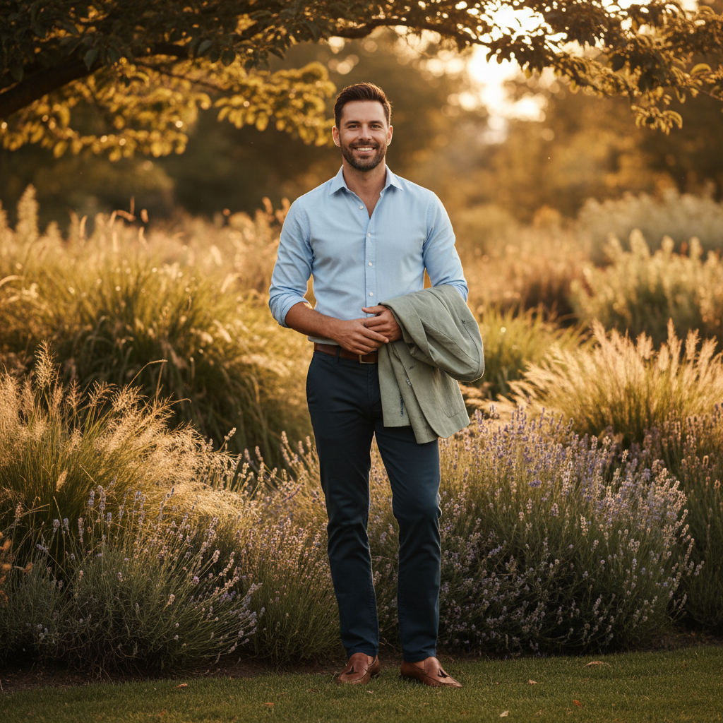 A confident male caregiver in a garden setting, ready to welcome new team members