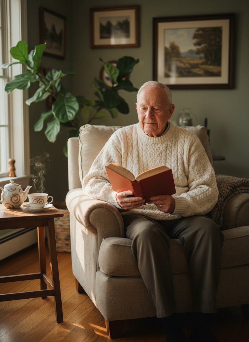 An elderly man sitting peacefully on a couch in a warm, sunlit home