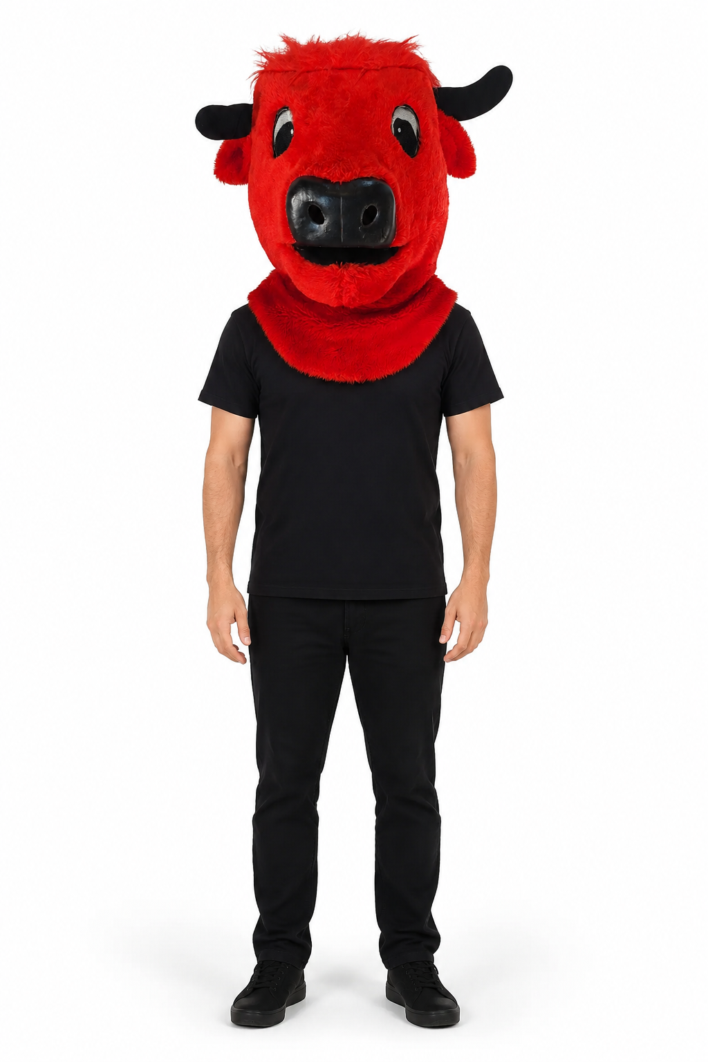 Bright Red Bull Mascot Head with Black Horns