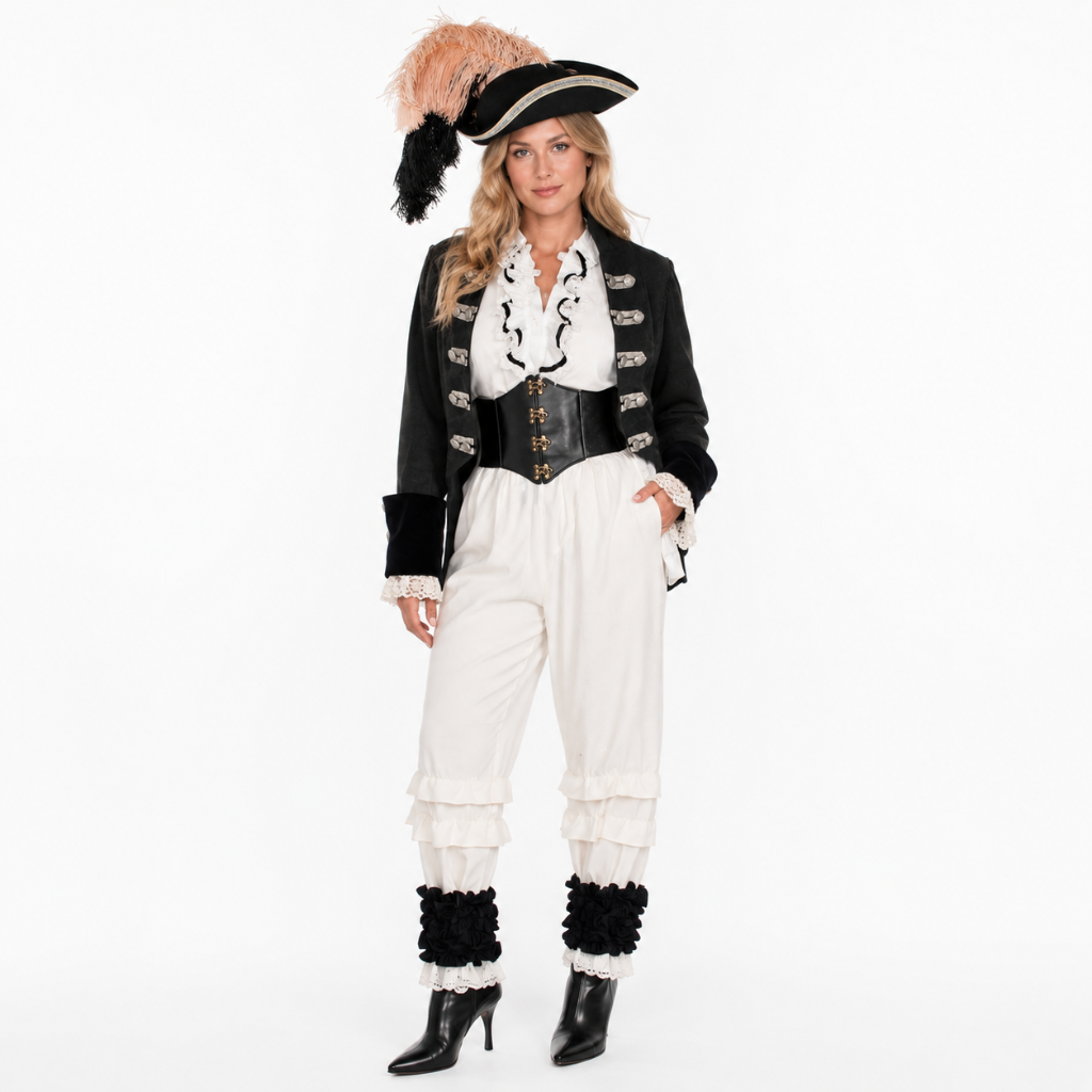 She-Captain Pirate Costume with Feathered Tricorn Hat