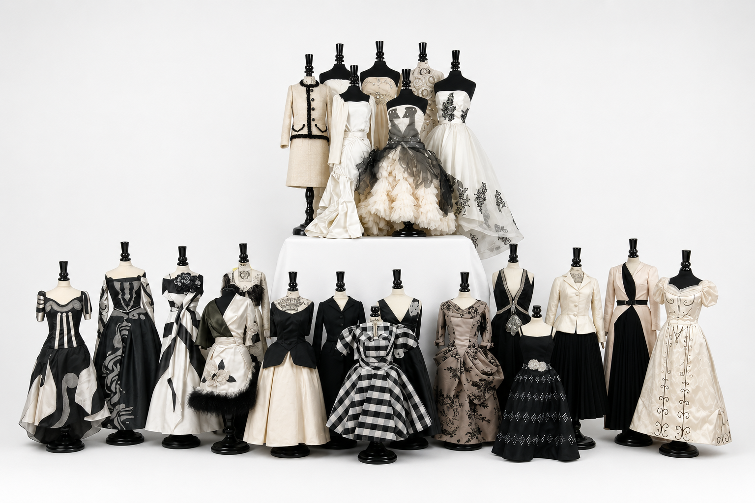 Designer-inspired centerpiece dolls arranged on miniature mannequins