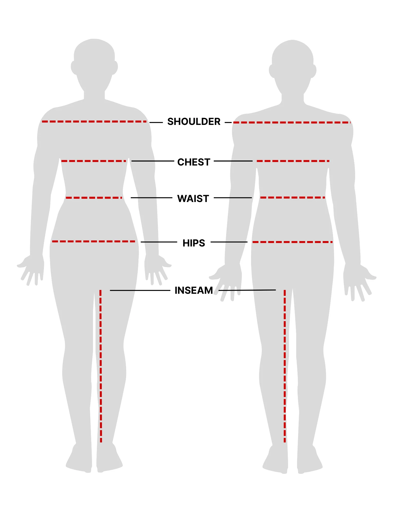 Body measurement diagram showing shoulder, chest, waist, hips, and inseam measurements