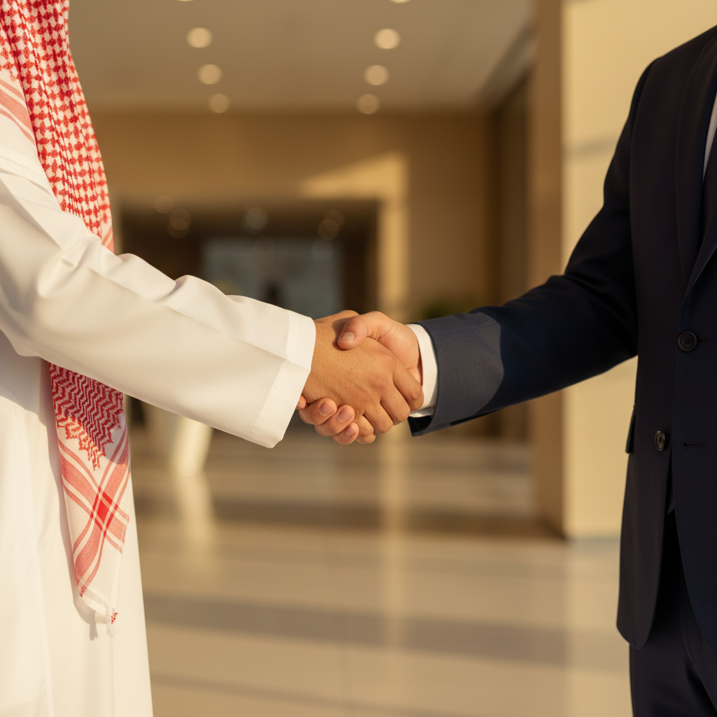 Close-up of a business handshake between a Saudi partner and an international partner