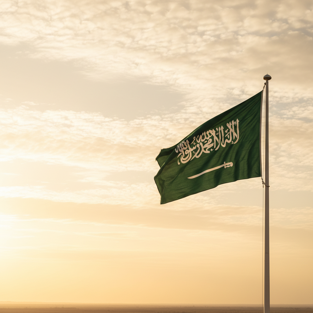 Saudi Arabia flag waving against a bright sky