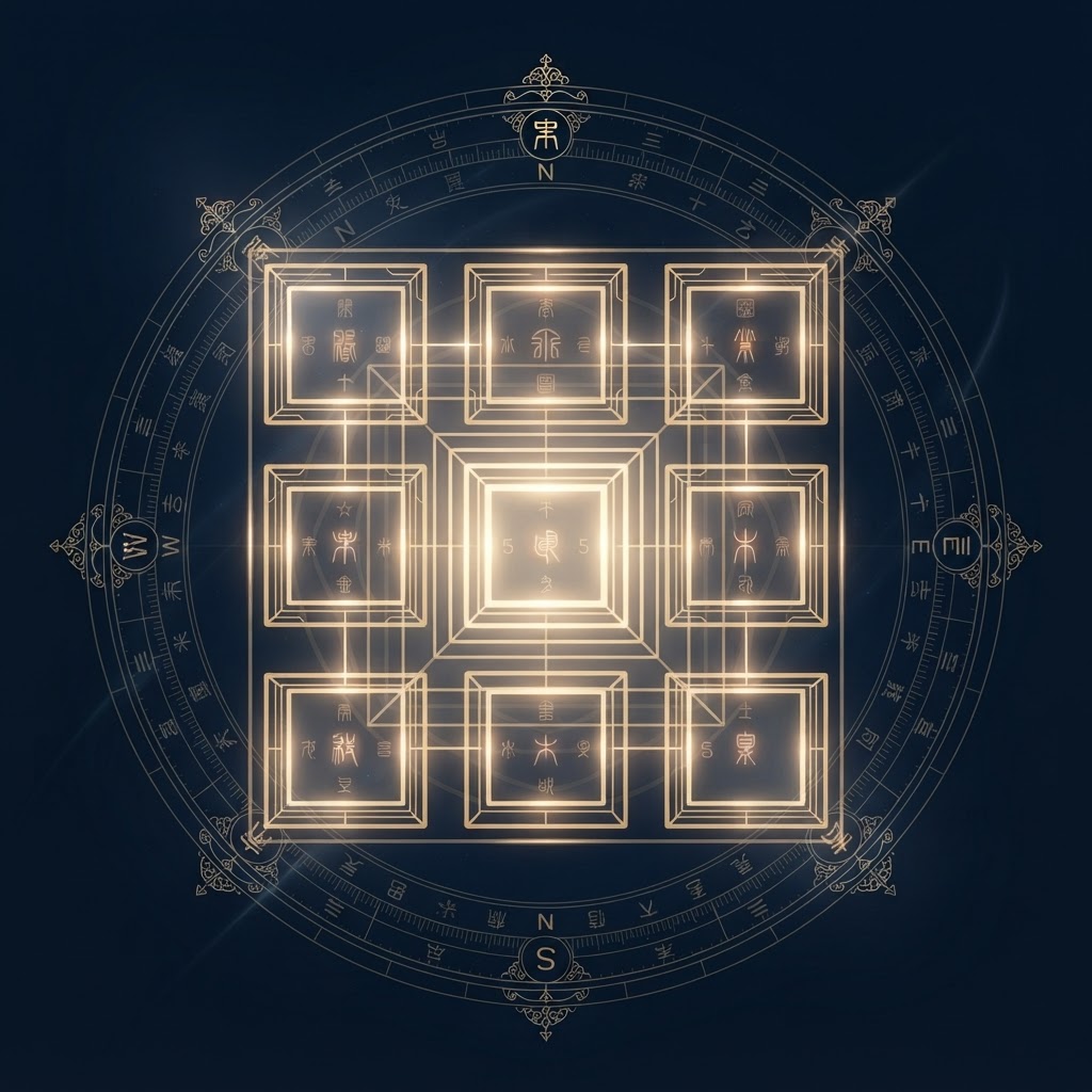 Qi Men Dun Jia chart artwork, nine palaces in gold on midnight navy