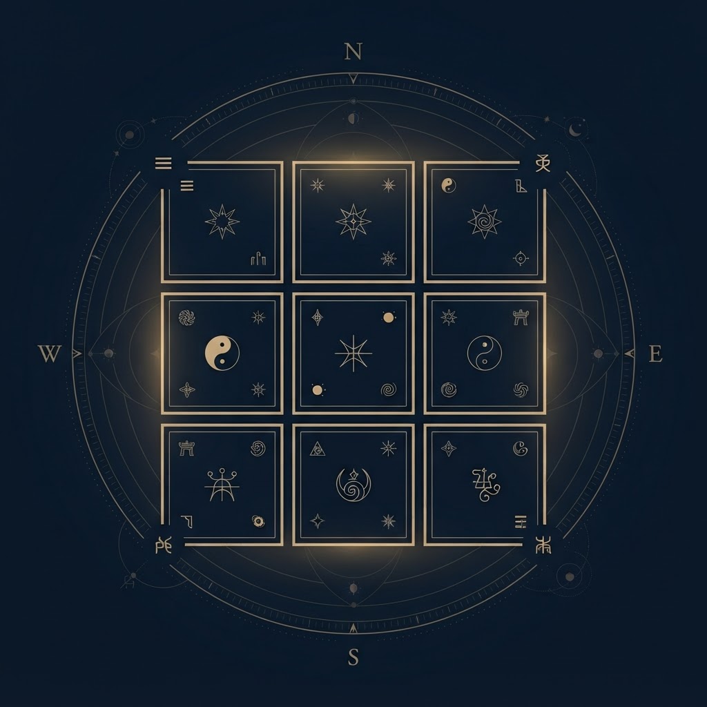Qi Men Dun Jia nine palace chart with golden grid on navy background