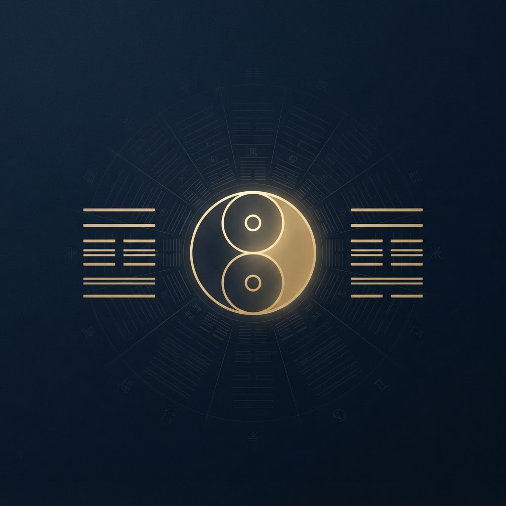 I Ching taiji and hexagram lines in gold on navy
