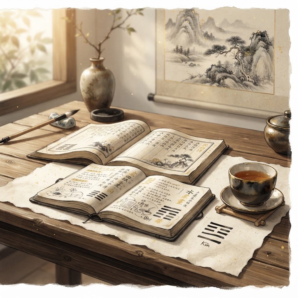 A modern desk with an open I Ching and journal