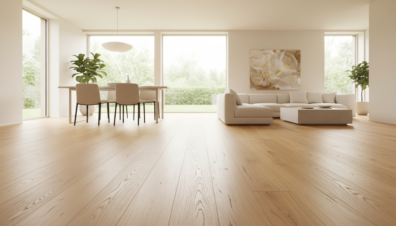 Open plan living space with warm oak flooring