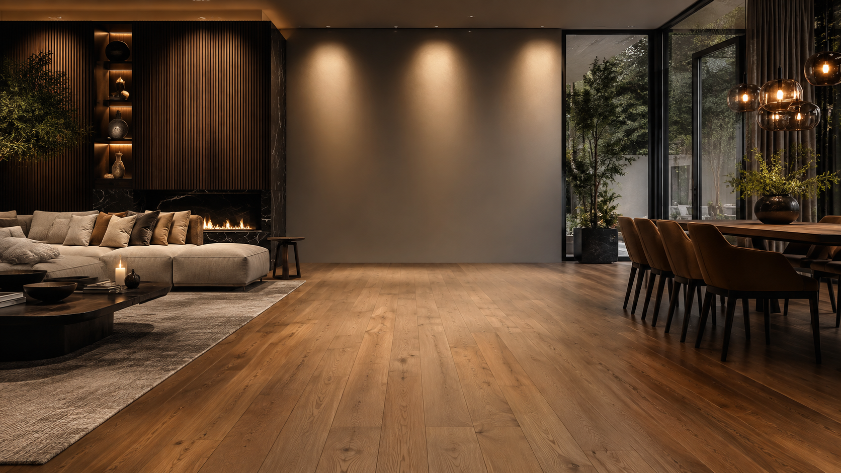 Bright premium living and dining room with warm oak flooring