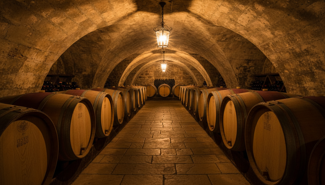 Interior of a luxury wine cellar with warm lantern lighting and aged oak barrels