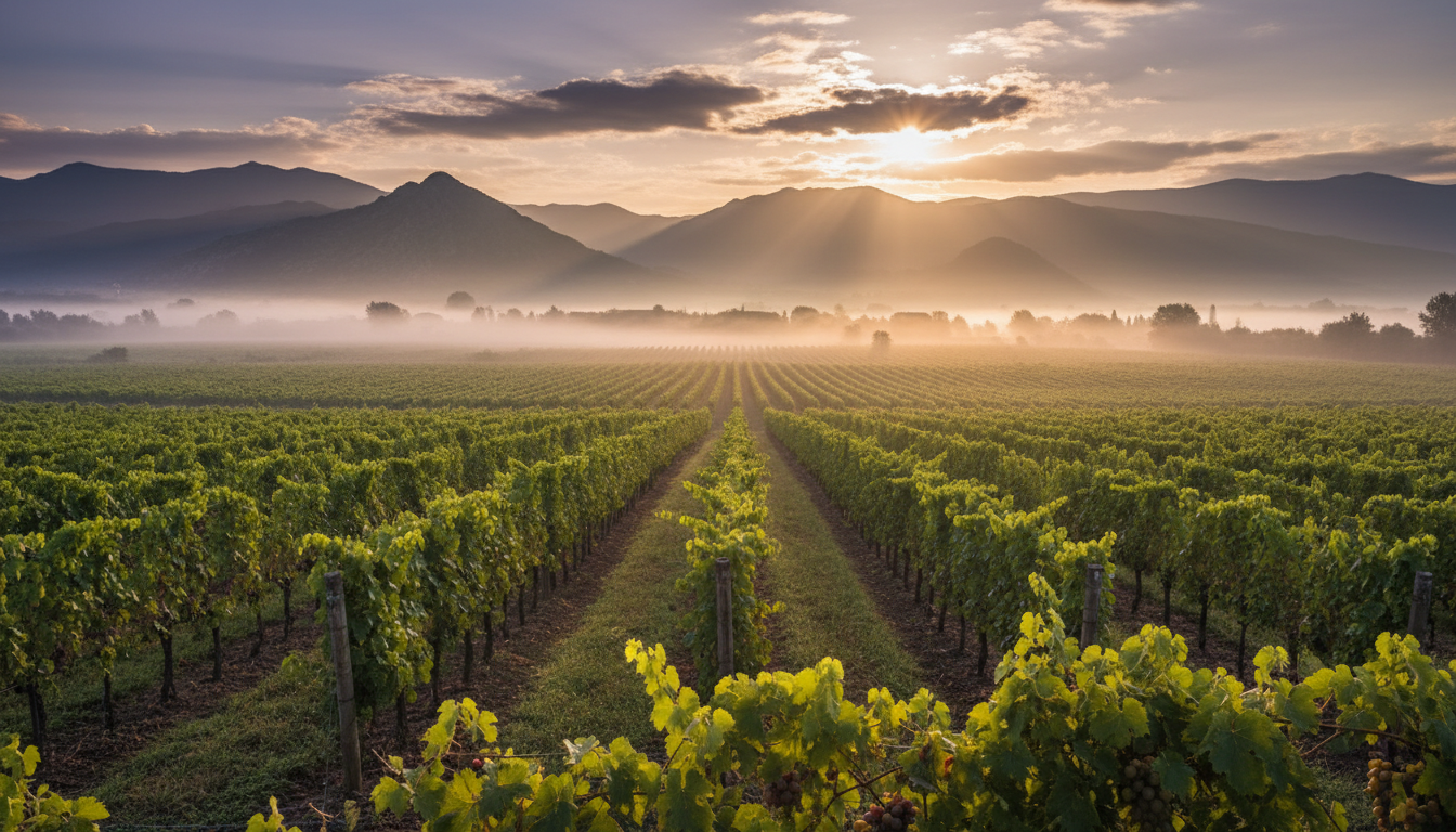 Panoramic vineyard landscape at golden hour with mist rolling between vine rows