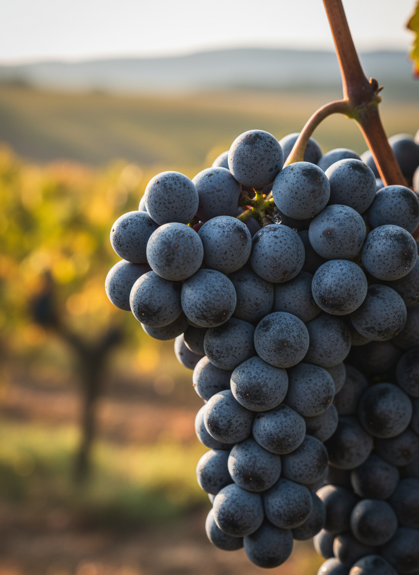 Syrah/Shiraz grape variety — close-up of ripe clusters on the vine