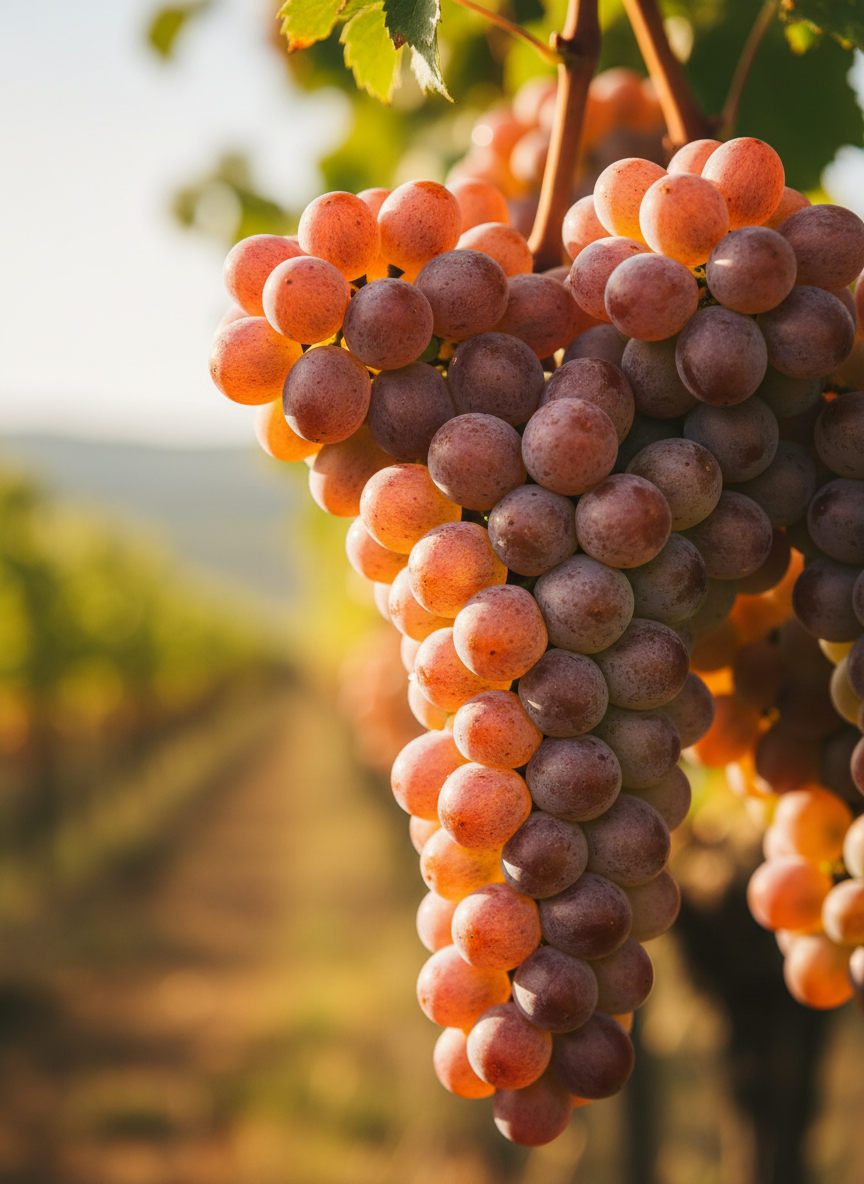 Gewürztraminer grape variety — close-up of ripe clusters on the vine