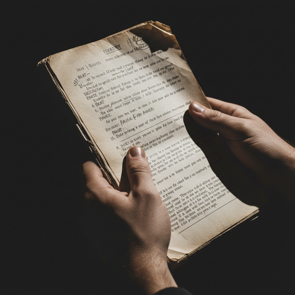 Close-up of a well-worn theatre script with handwritten annotations