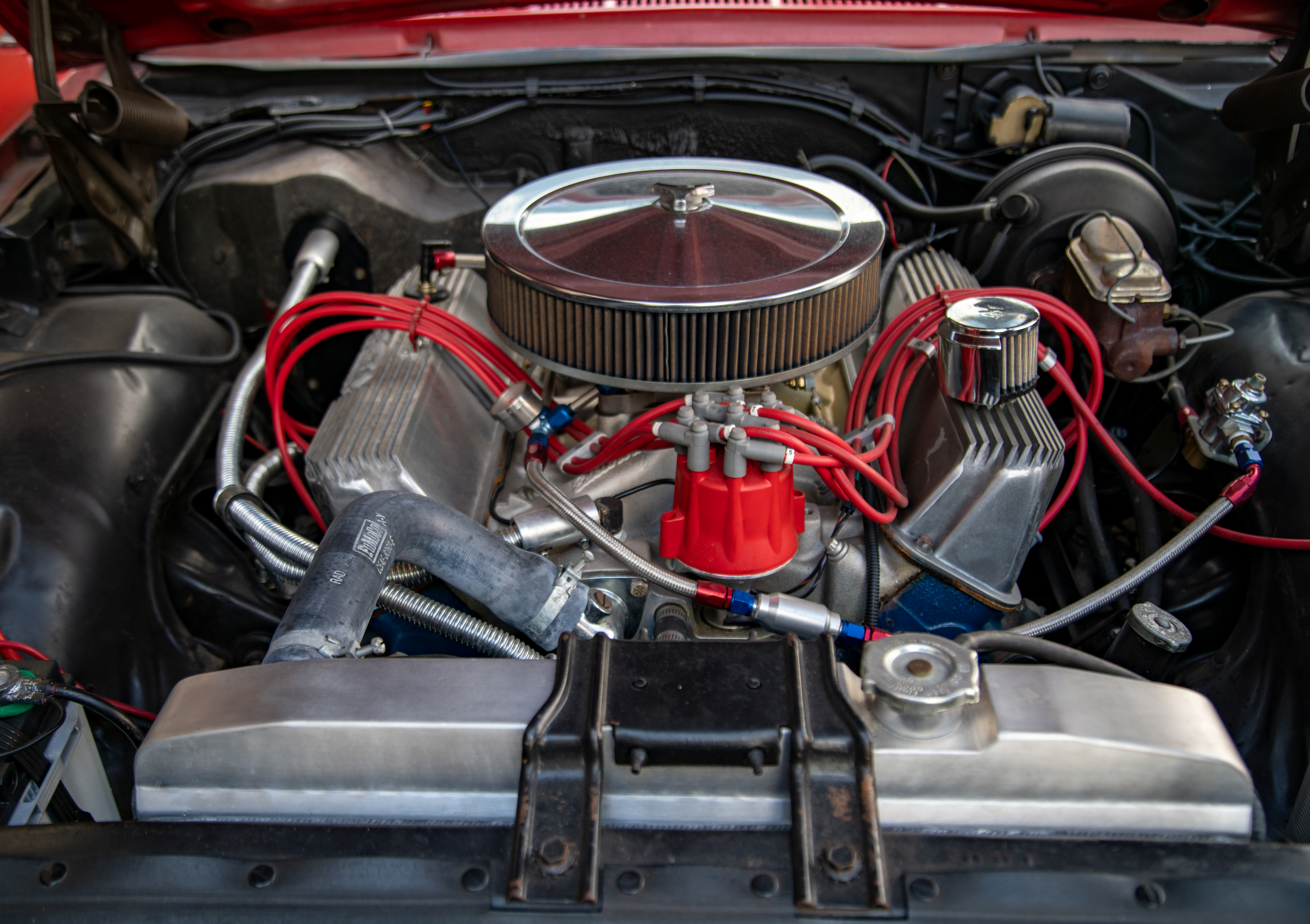 Classic V8 engine bay with chrome air cleaner