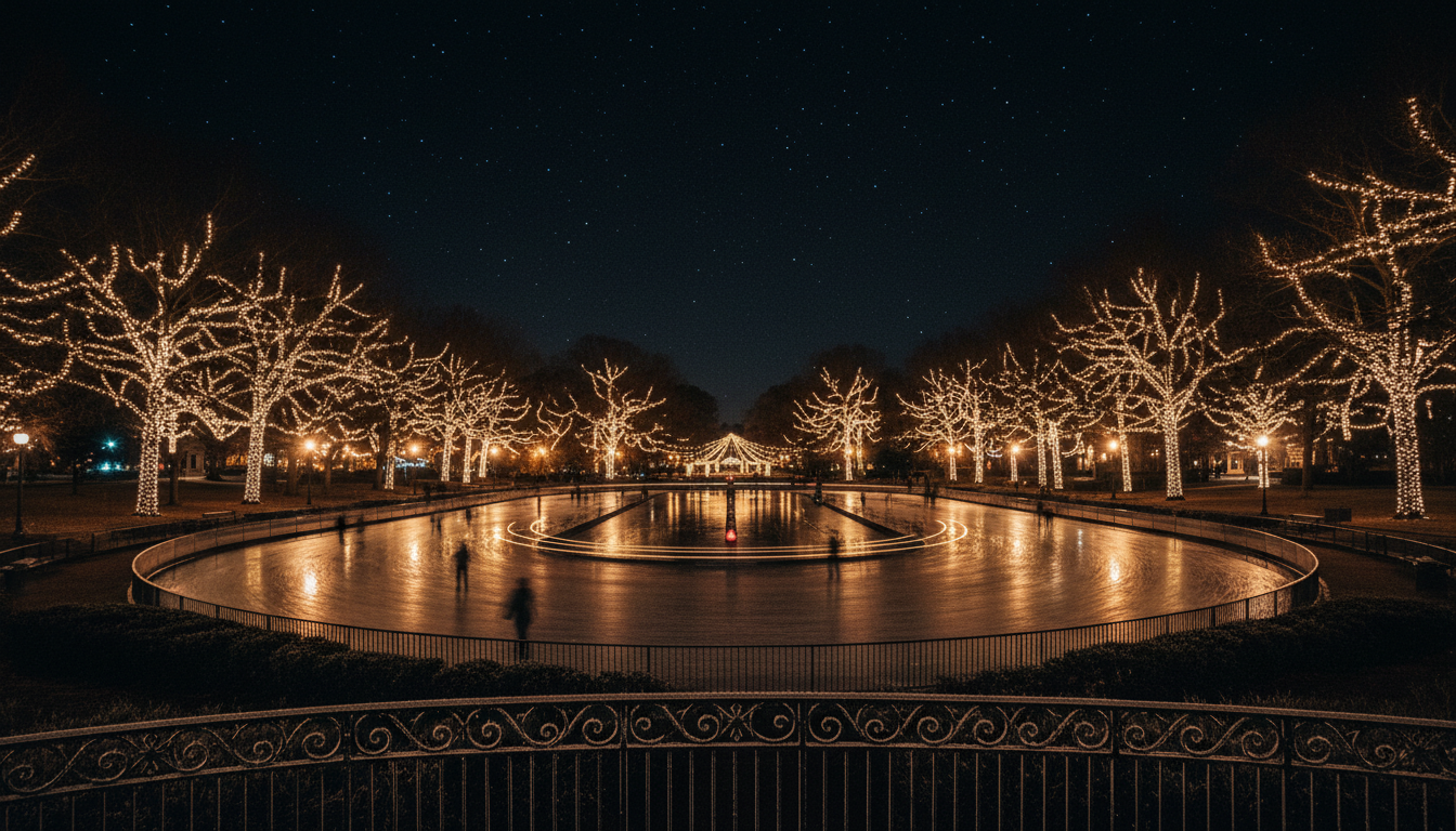 Grant Park transformed into a winter wonderland at night with thousands of fairy lights and an ice rink