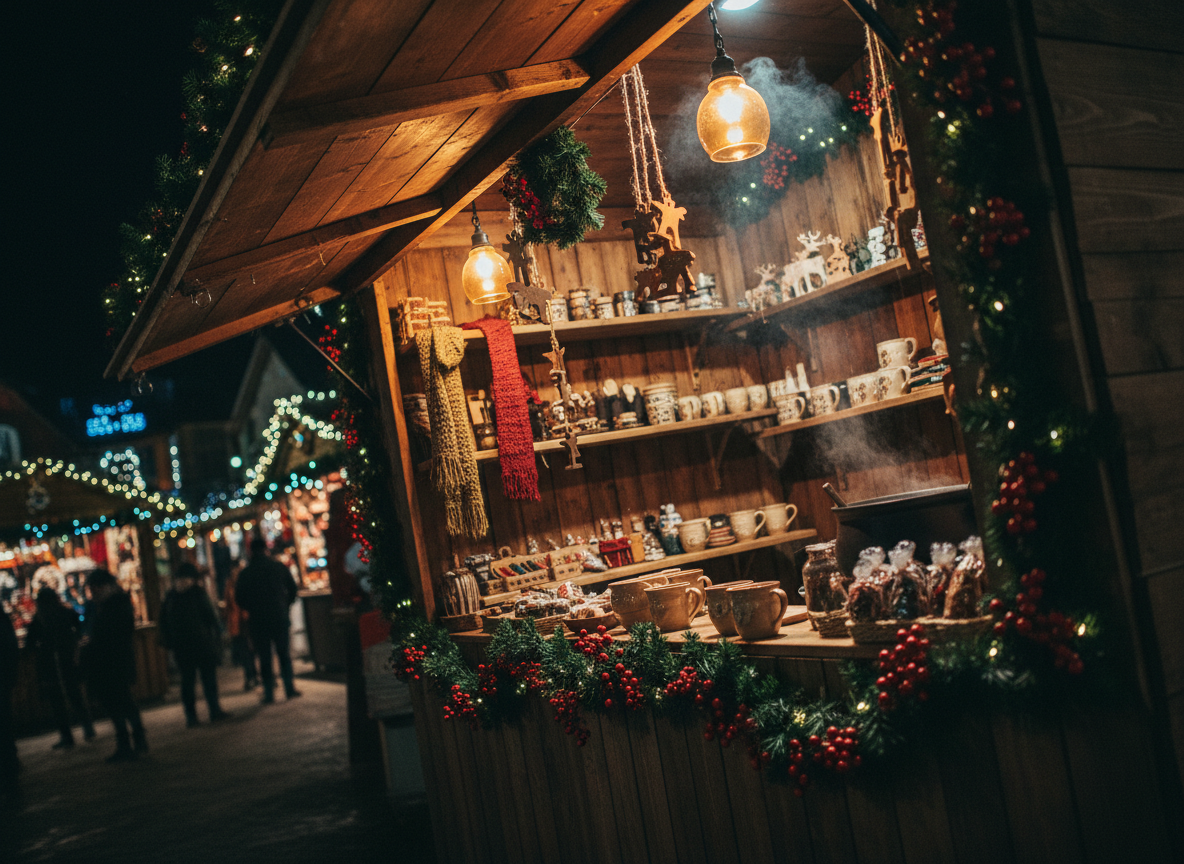 Artisanal Christmas market stall with handcrafted goods and warm lighting