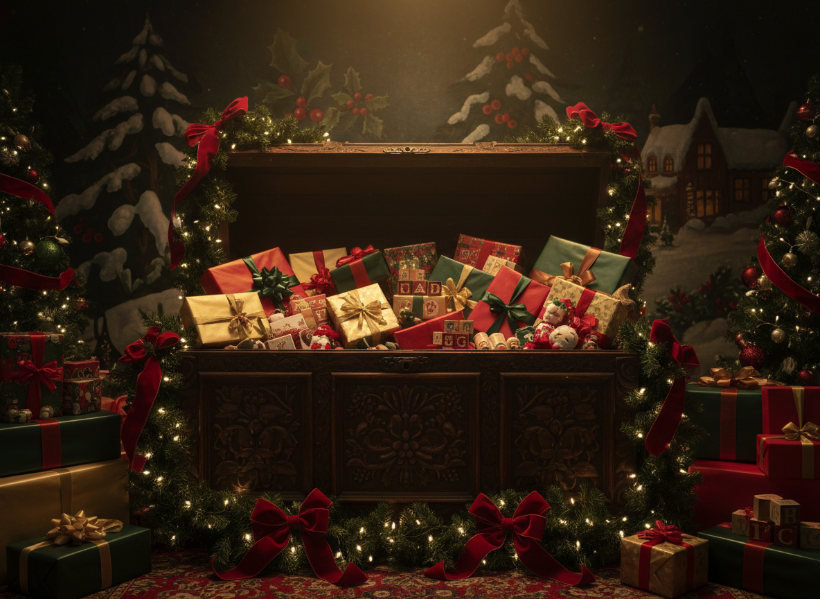 Holiday toy drive collection area with wrapped gifts and festive decorations