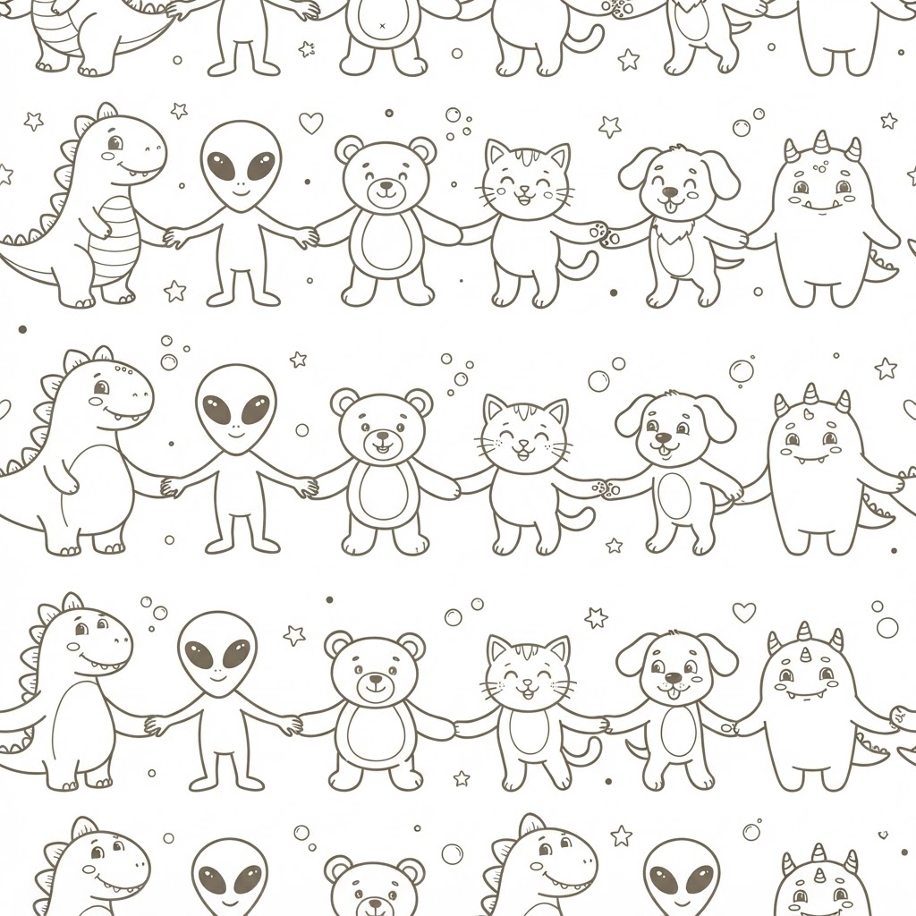 Repeating pattern of coloring book characters