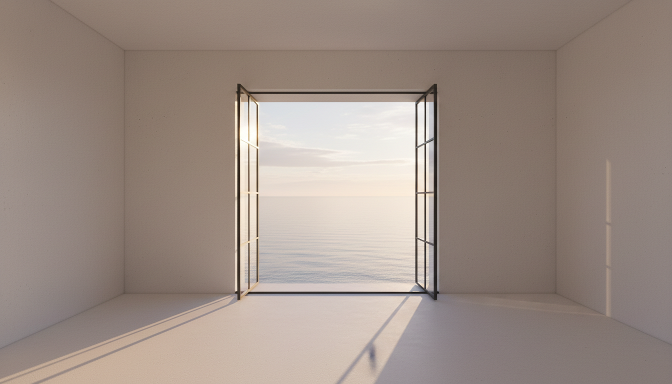 Un horizon calme vu à travers une fenêtre architecturale
