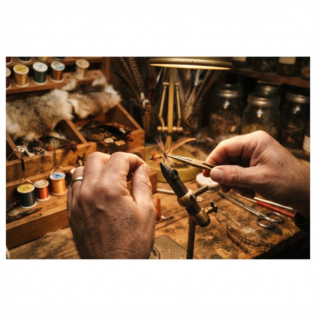 The Fly Tying Santa demonstrating fly tying at the vise