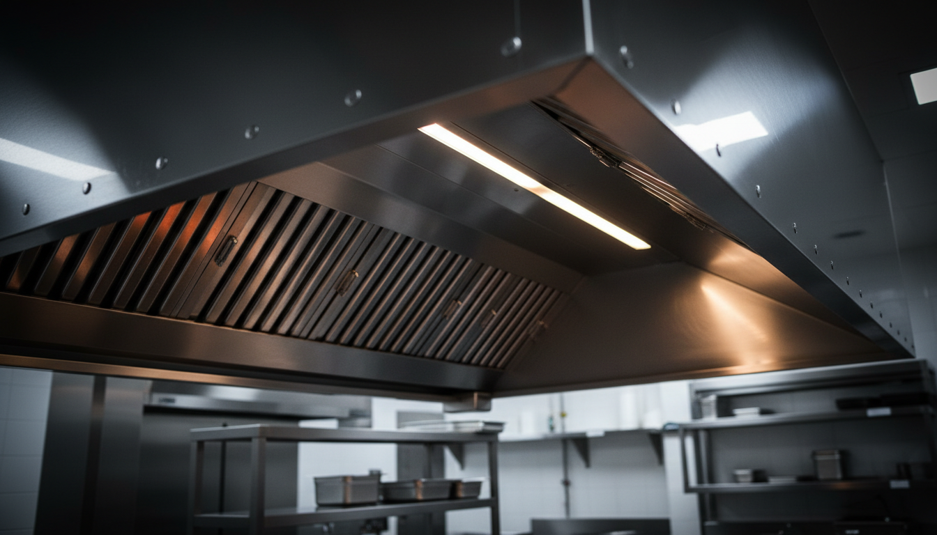 Commercial kitchen exhaust hood, professionally cleaned stainless steel