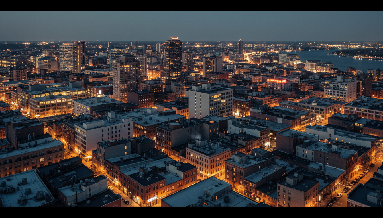 Jersey City skyline at dusk showing the commercial restaurant district