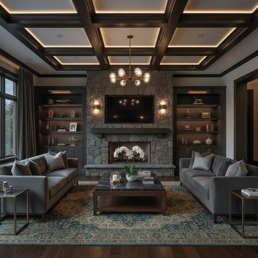 Luxury fireplace and wood beam ceiling