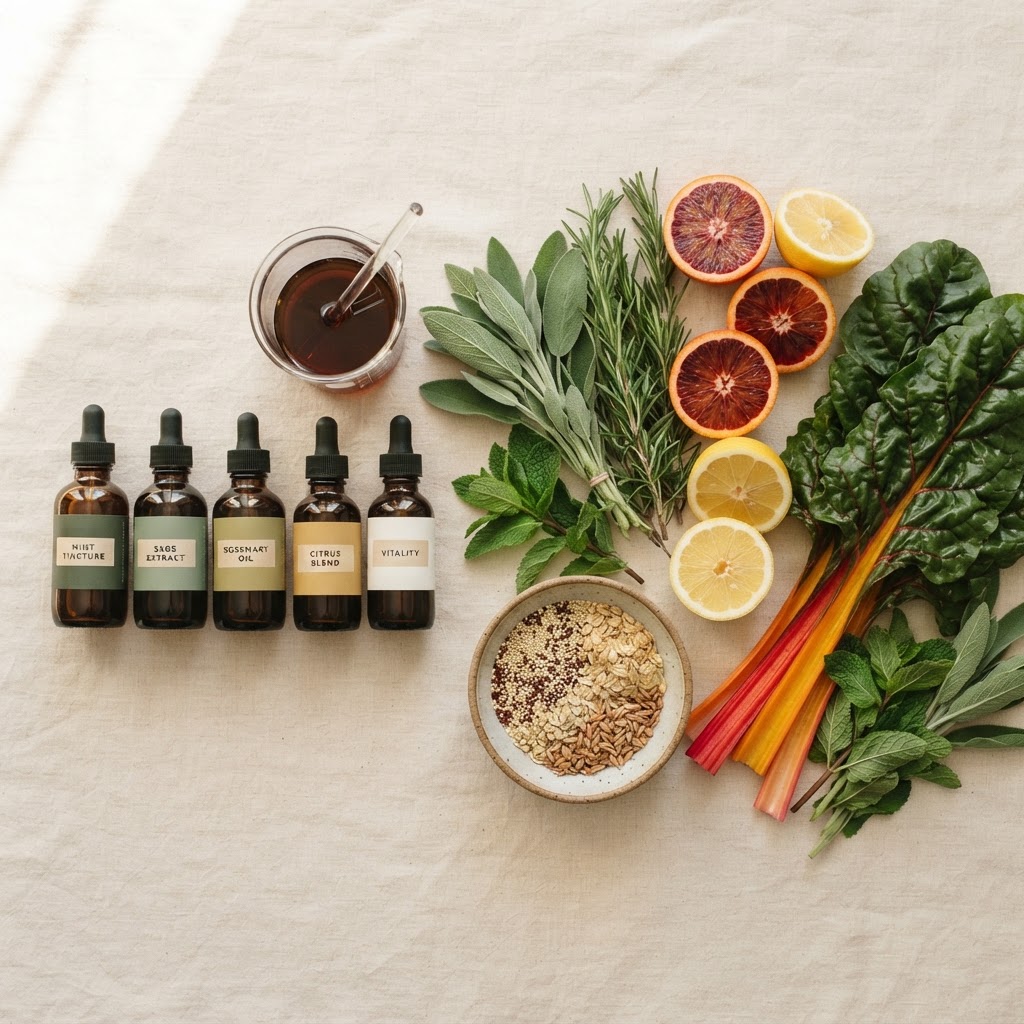 A botanical flat-lay of herbs, supplements, and fresh produce