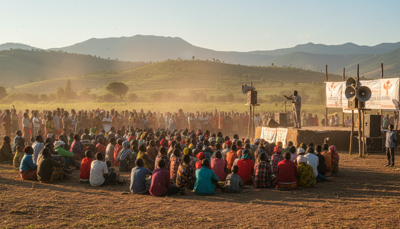 A large outdoor evangelism gathering in a rural village with mountains in the background