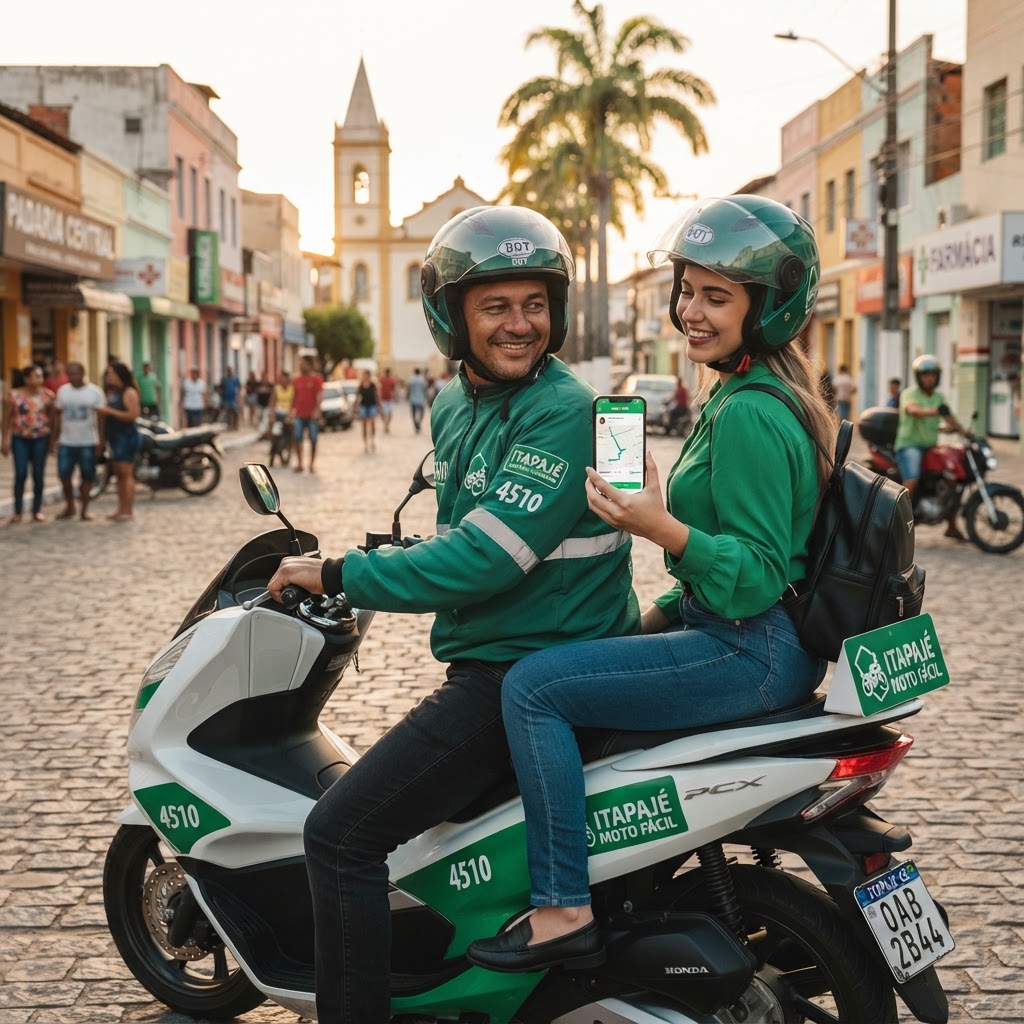 Mototaxista e passageiro usando o aplicativo Carona Consciente em Itapajé