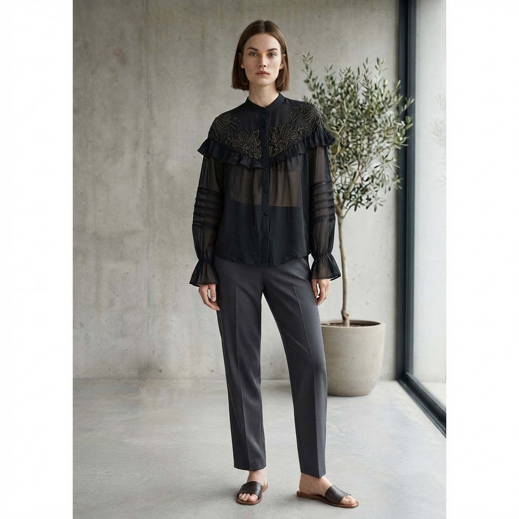 Embroidered Ruffle Blouse