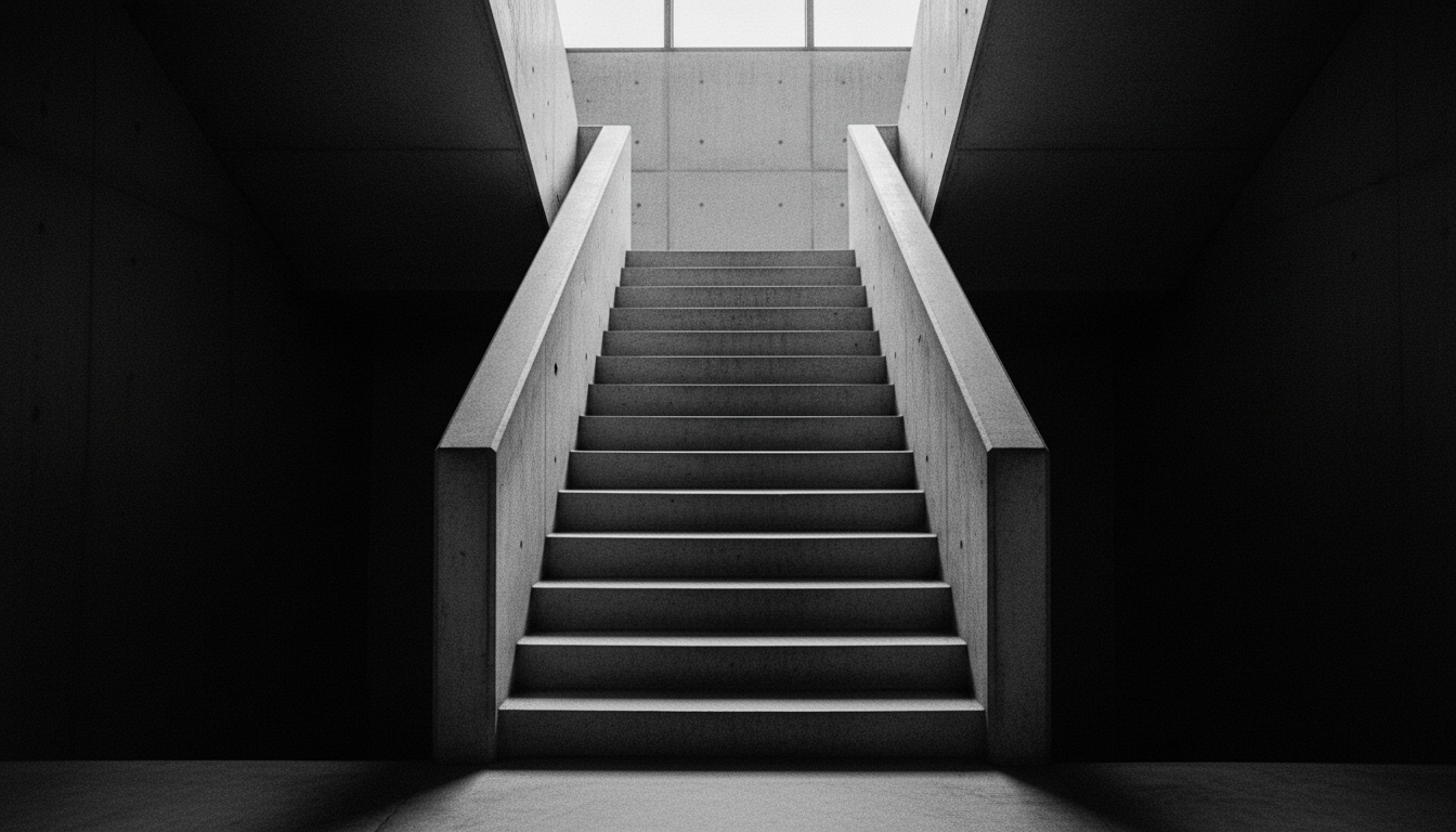 A brutalist concrete staircase descending into shadow with a clear vanishing point