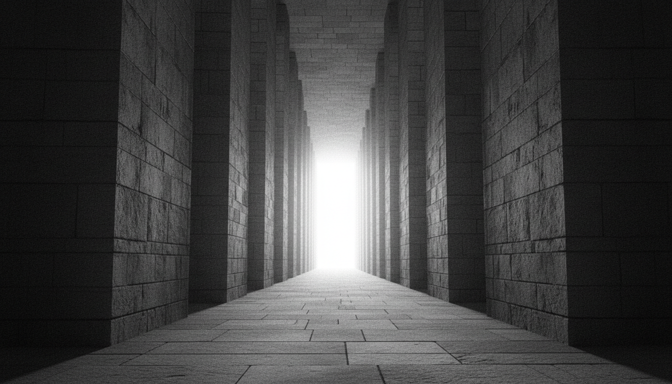 A limestone corridor receding to a vanishing point in high-contrast black and white