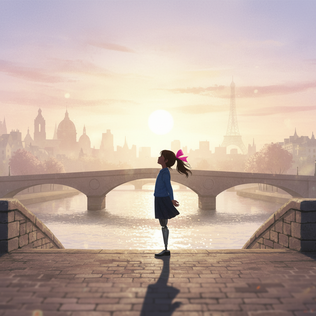 A young girl's silhouette standing bravely on a Parisian bridge at golden sunrise