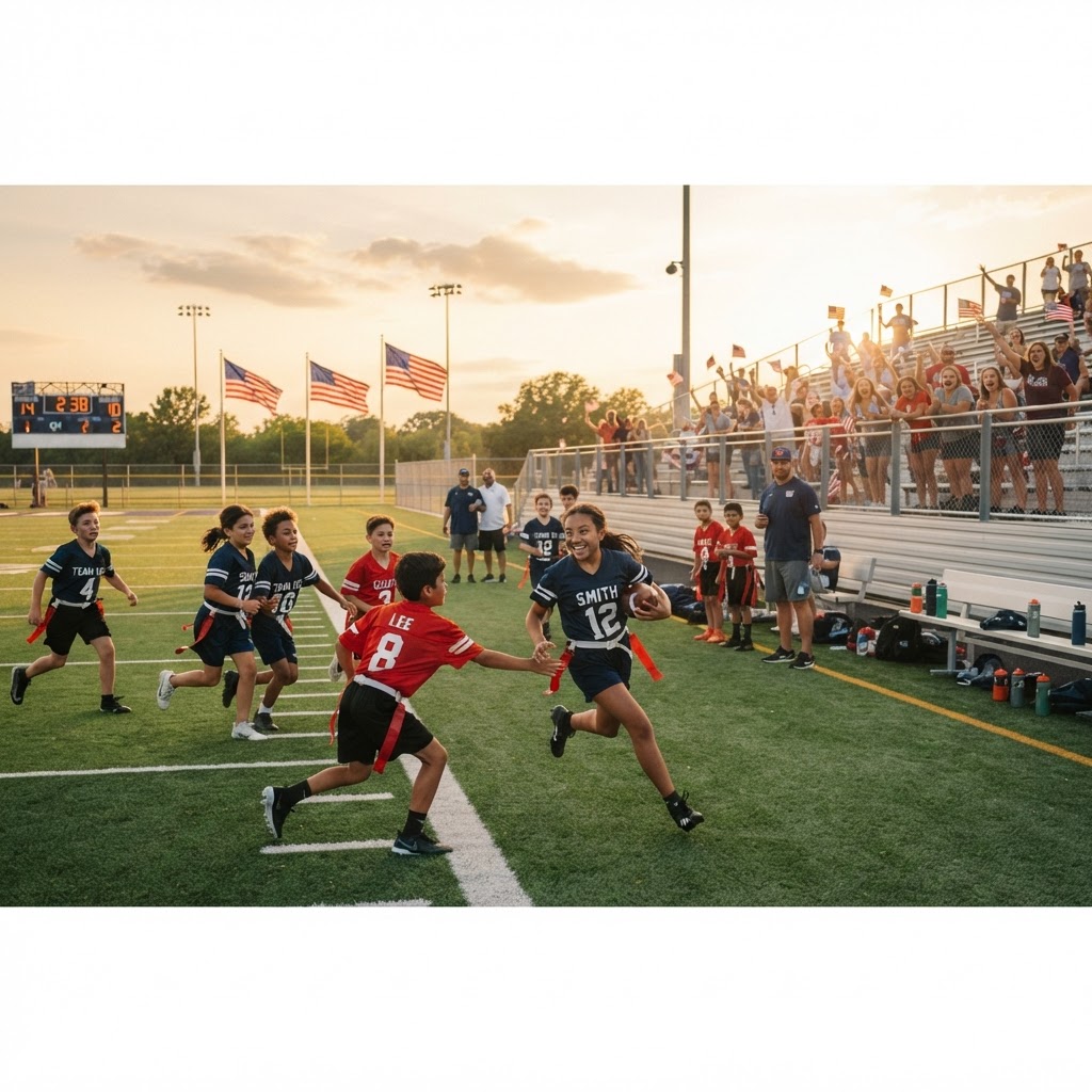 Youth flag football players on the field