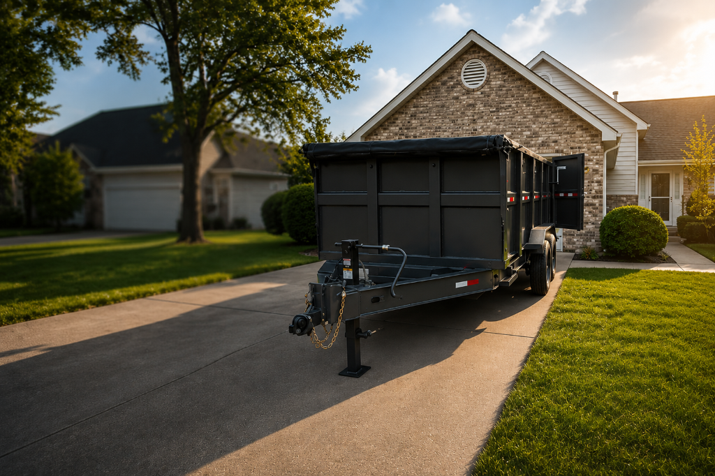 Douglas Dumpster dump trailer in a residential driveway in Northwest Indiana