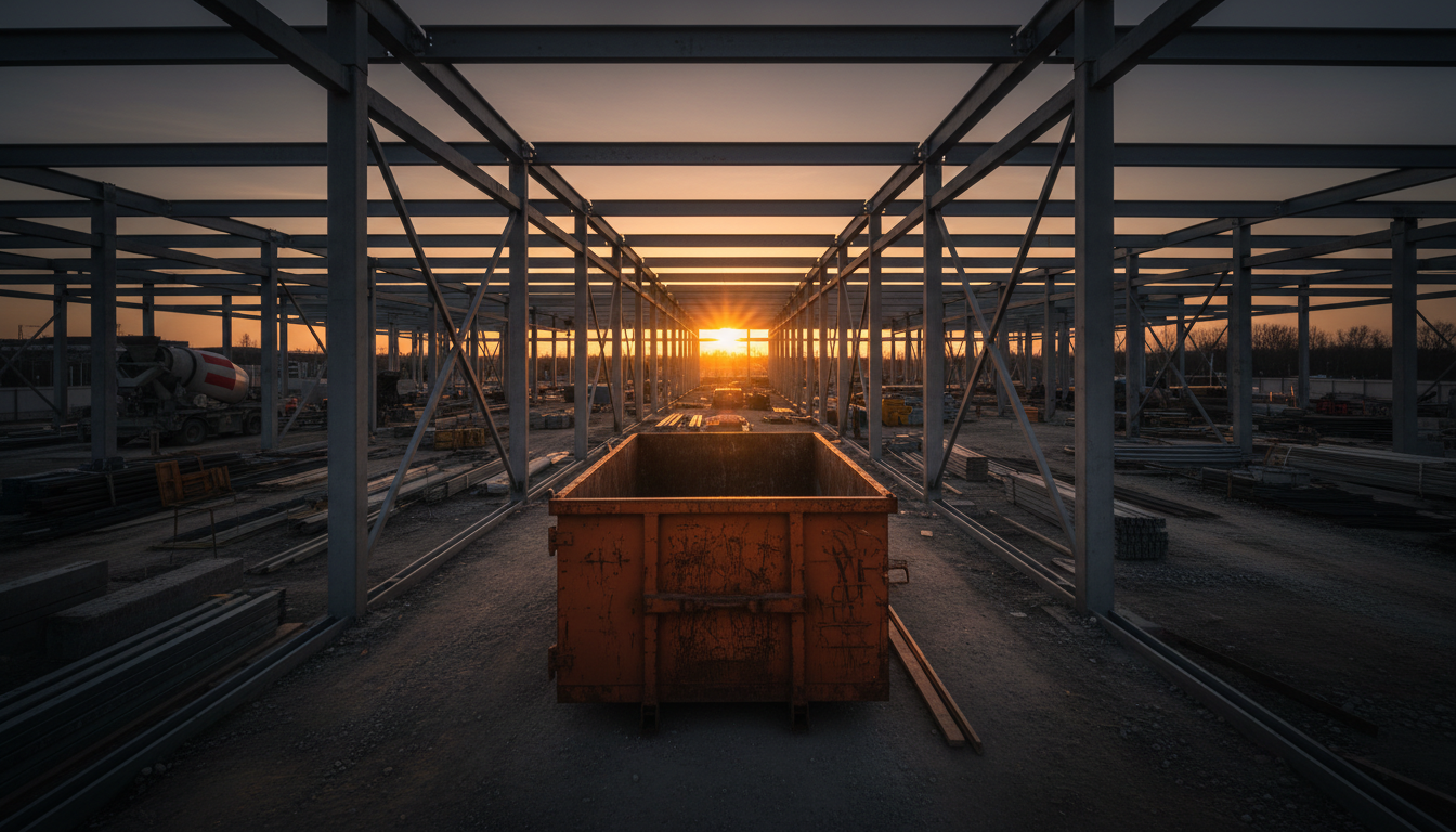 Construction site at dusk with an industrial dumpster positioned among steel beams